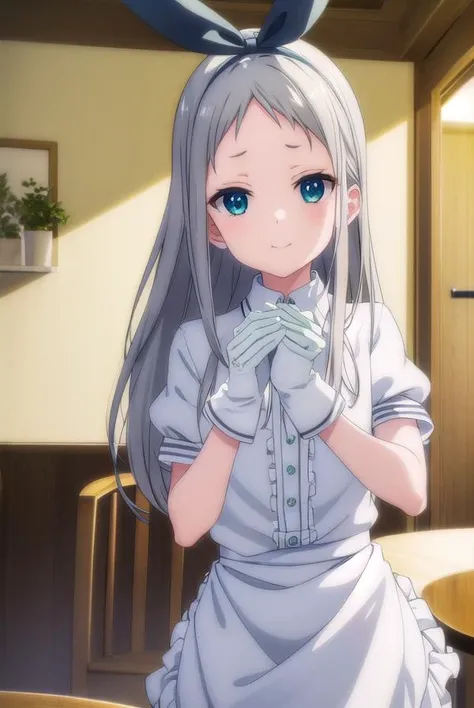 hiderikanzaki, <lora:hideri kanzaki s1-lora-nochekaiser:1>,
hideri kanzaki, long hair, bow, (green eyes:1.3), hair bow, grey hair, male focus, hairband, black hairband, otoko no ko, (forehead:1.2), smile,
BREAK gloves, dress, short sleeves, frills, puffy sleeves, white gloves, apron, puffy short sleeves, waist apron, white apron, frilled apron, waitress,
BREAK indoors, restaurant,
BREAK looking at viewer, (cowboy shot:1.5),
BREAK <lyco:GoodHands-beta2:1>, (masterpiece:1.2), best quality, high resolution, unity 8k wallpaper, (illustration:0.8), (beautiful detailed eyes:1.6), extremely detailed face, perfect lighting, extremely detailed CG, (perfect hands, perfect anatomy),