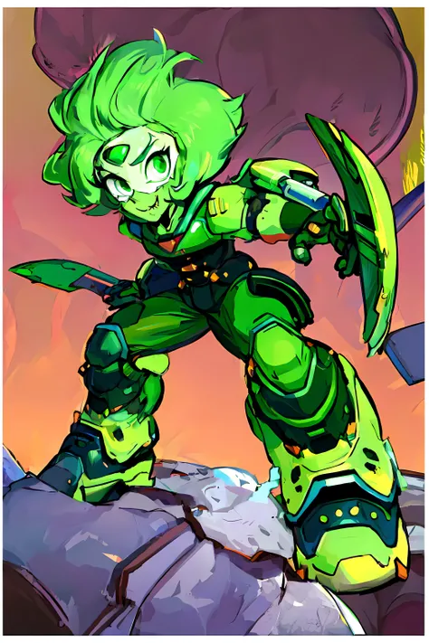 1girl, masterpiece, (detailed background), best quality, absurdres, full body, looking at viewer, full body, green hair, green skin, forehead jewel, short hair, green eyes, scary smile, pants, peridot(su), <lora:Peridot(SU):1>  <lora:doomslayer2:1> armor, power armor, slayer, solo, 1girl,
