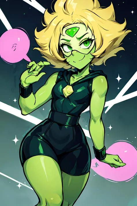 Peridot,green skin:1.1,forehead jewel,green eyes,blonde hair,diamond \(shape\) hair,
leotard,sleeveless,wide hips,leaning forward,
serious,
standing,
neech,night,
(insanely detailed, beautiful detailed face,masterpiece, best quality),solo,<lora:Peridot-10SSv9:0.8>,
