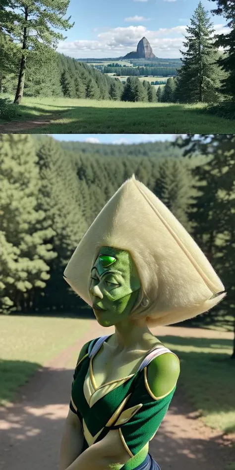(((incredibly absurdres, highliest perfect intricate details, highliest detailed perfect supermodel))) (((Peridot(SU), solo, 1girl, countryside, forest in background)))     <lora:Peridot(SU):1>