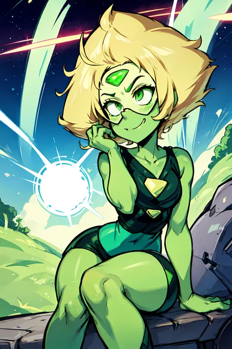 Peridot,green skin,forehead jewel, green eyes,blonde hair,
leotard, head shades. cameltoe, hips,
serious,
solo, upper body, cowboy shot, standing,
stars, space, milky way,
(insanely detailed, beautiful detailed face,masterpiece, best quality) <lora:Peridot:0.8>