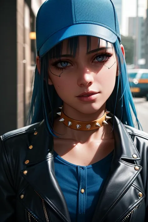 (masterpiece, best quality, detailed:1.4) Blue Moon cyberpunk, 1girl, eyes, lips, spiked collar, blue hair, long hair, black jacket, yellow collar, solo focus, pink baseball cap, leather jacket, denim, looking at viewer, realistic, cyberpunk, head tilt, outdoors, grey eyes, upper body <lyco:Blue Moon:0.5>