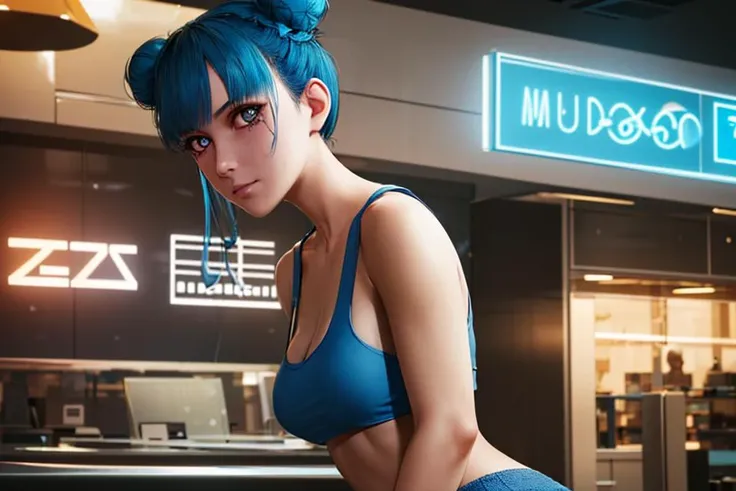 (masterpiece, best quality, detailed:1.4) <lyco:Blue Moon-lc:0.55> blue moon cyberpunk,1girl, cyberpunk, blue hair, double bun, solo, tank top, grey eyes, looking at viewer, narrow waist, closed mouth, upper body, medium breasts, neon lights, from side, cowboy shot,