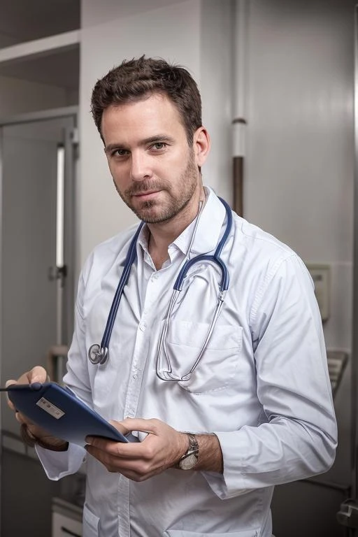 myDoctor a man in a white shirt and tie with a stethoscope, cinematic, color grading, grain, grainy, beautiful, <lora:myDoctor:1>, depth of field, portrait, minimalistic hospital in background, symmetrical