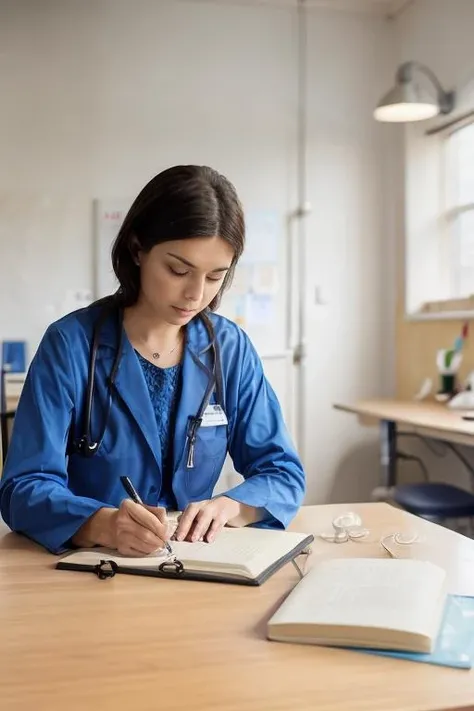 myDoctor a woman in a lab coat writing on a notebook, cinematic, color grading, grain, grainy, beautiful, <lora:myDoctor:1>, depth of field, portrait, minimalistic hospital in background, symmetrical, dynamic light, cold colors, nikon, 60mm, dynamic pose, <lora:Better Portrait Lighting:0.4>, texture