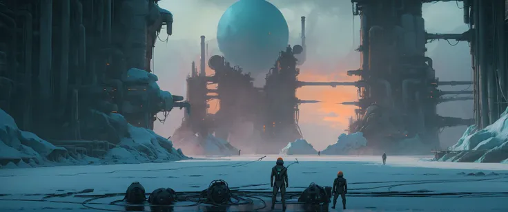 cinematicpainting, ice alien landscape covered in ice and snow, with frigid temperatures, landscape dominated by glaciers, ice caves, and frozen oceans (with a futuristic oil refinery in the background:1.2), teal and orange color grading <lora:Cinematic_Painting_XL:1>