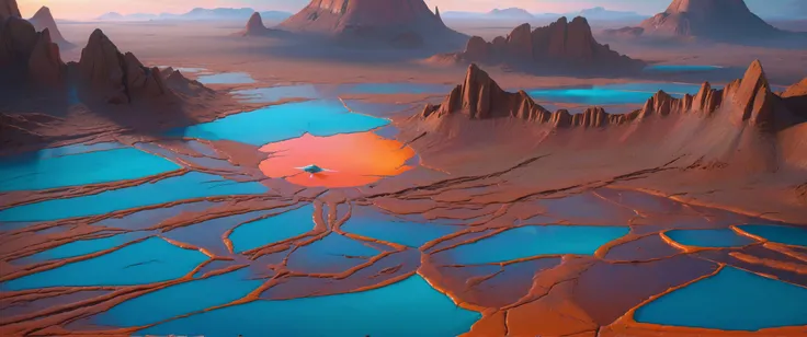 cinematicpainting, alien landscape surface mostly made up of bright water ice with reddish-brown cracks slicing the surface, crisscrossed by long, linear fractures, cracks, ridges, and bands (with a spaceship in the background:1.2), teal and orange color grading <lora:Cinematic_Painting_XL:1>, blue sky colorful sun