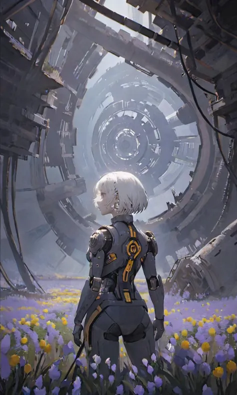 best quality, masterpiece, ultra detailed, cinematicpainting, 8k uhd, intristic detail, (1girl:1.5), (close up:1.5) looking at viewer, (fisheye lens:1.2), dynamic composition, short white hair, white eyes, neck tattoo, sport shorts, thicc, big thights, , big ass, al landscape, dust, rocks, ice particles, (abandoned comms tower in the background:1.2), (flowers:2.5), future, loneliness, <lora:Cinematic_Painting_XL:0.8>, <lora:EnvyThiccXL02:1>