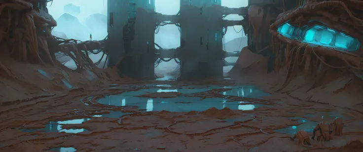 cinematicpainting, alien landscape surface mostly made up of bright water ice with reddish-brown cracks slicing the surface, crisscrossed by long, linear fractures, cracks, ridges, and bands (with an abandoned comms tower in the background:1.2), teal and orange color grading <lora:Cinematic_Painting_XL:1>