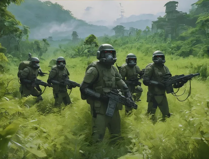 cinematicpainting A close-up of monkey soldiers in a lush green forest. ,paint,digital paint, <lora:Cinematic_Painting_XL:1>, (masterpiece, best quality),ultra-detailed,add-detail-xl, DetailedEyes_V3,perfect eyes,skin blemish,detailed skin,<lora:polyhedron_all_sdxl:1>