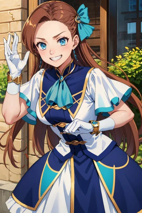masterpiece, best quality, <lora:CHAR-KatarinaClaes:1> KatarinaClaes, asymmetrical bangs, earrings, hair bow, blue dress, long dress, high collar, ascot, brooch, white gloves, bracelet, cowboy shot, leaning forward, grin, furrowed brow, outdoors