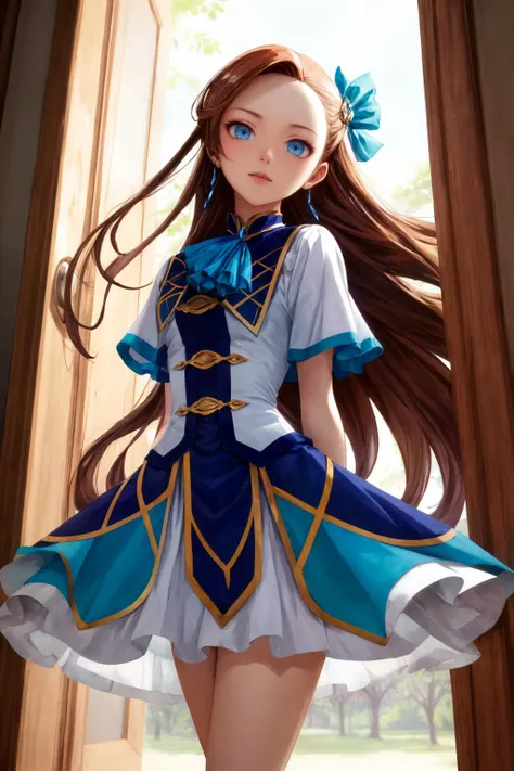 detailed face, cute face,brown eye, ((highest quality)), ((masterpiece)), ((1 girl)), alone, ferry, ((long hair)), ferryBase, ((Thighhighs)), bare shoulders, ((jewelry)), ((No sleeve)), white dress, blue skirt, ((gloves)), thigh height,