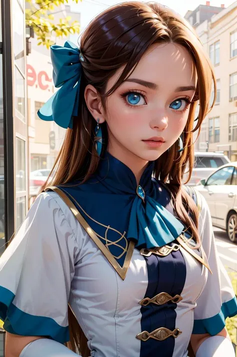 <lora:CHAR-KatarinaClaes:1> KatarinaClaes, asymmetrical bangs, earrings, hair bow, blue dress, long dress, high collar, ascot, brooch, white gloves, bracelet,, ultra detailed, masterpiece, best quality, aesthetic, detailed,