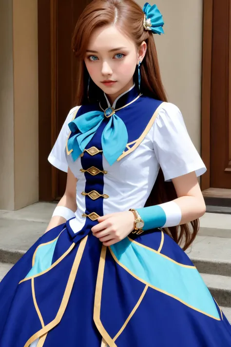masterpiece, best quality, absurdres, 1girl, solo, KatarinaClaes, asymmetrical bangs, earrings, hair bow, blue dress, long dress, high collar, ascot, brooch, white gloves, bracelet, <lora:CHAR-KatarinaClaes:1>