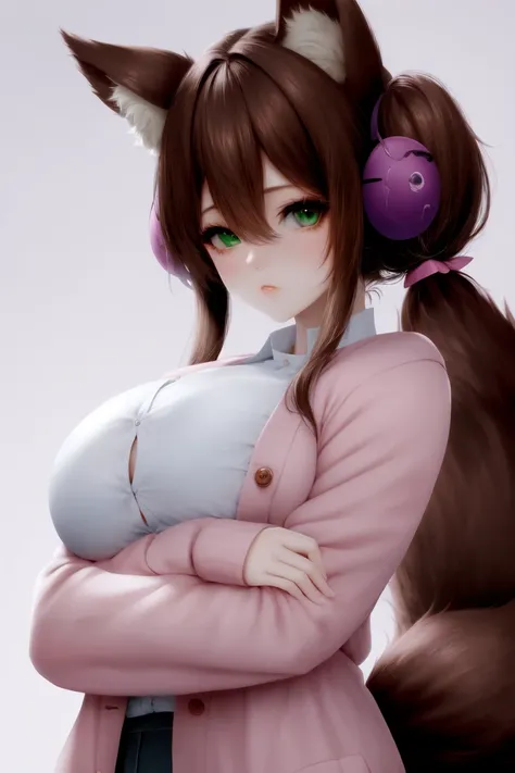 skistyle, 1girl, animal ears, tail, fox ears, solo, green eyes, fox tail, fluffy, animal ear fluff, multiple tails, long hair, brown hair, twintails, looking at viewer, fox girl, pink jacket, tail hug, jacket, hair between eyes, large tail, bangs, off shoulder, upper body, simple background, closed mouth, shirt, white shirt, pink cardigan, long sleeves