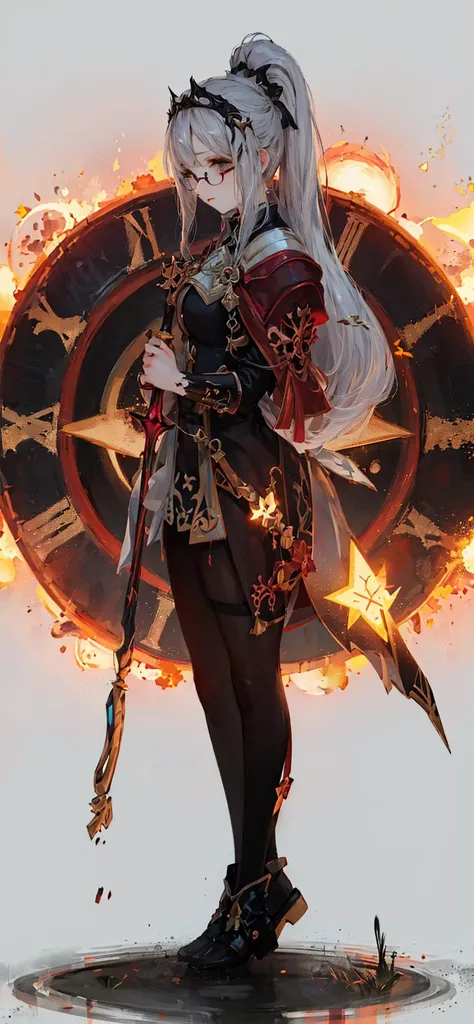 best quality, masterpiece, cinematic lighting, intricate, simple background, detailed face, full body, (outline:1.2), (popart:1.3), lineart, portrait,
1girl, magical, aura, spell caster, model standing, centered, foggy, epic, spells, magic, energy, fire, water, chaos, (portal:1.2), staff, tattoo, (clock:1.2), long hair, glasses, high ponytail,
<lora:aoi_14:0.8>