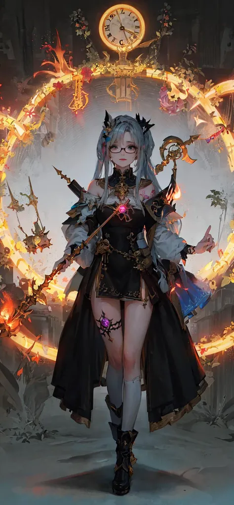 best quality, masterpiece, cinematic lighting, intricate, simple background, detailed face, full body, (outline:1.2), (popart:1.3), lineart,
1girl, magical, aura, spell caster, model standing, centered, foggy, epic, spells, magic, energy, fire, water, chaos, (portal:1.2), staff, tattoo, (clock:1.2), long hair, glasses, high ponytail,
<lora:aoi_14:0.8>