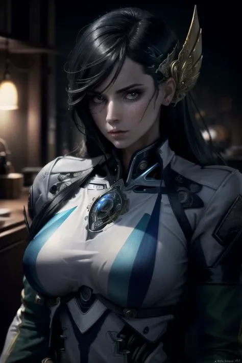 ((masterpiece, ultra detailed)), 1girl, solo, (upper body portrait), <lora:brunhildelora:0.7>, brunhilde, green eyes, black hair, hair ornament, (mechanic body:1.2, cyborg body:1.2), (stunningly beautiful), large breasts, beautiful face, beautiful eyes, battle-stance ready, dynamic pose, <lora:lowra:0.6>, dark theme, hdr, HDR, bloom, high intensity lighting, volumetric lighting, dramatic lighting, dark lighting, (ornate), digital art, trending on artstation, award winning, fascinating, elegant, RAW photo, absurdres, 8k uhd