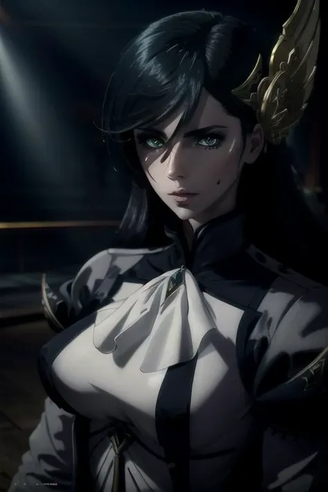 ((masterpiece, ultra detailed)), 1girl, solo, (upper body portrait), <lora:brunhildelora:0.7>, brunhilde, green eyes, black hair, hair ornament, (stunningly beautiful), large breasts, beautiful face, beautiful eyes, battle-stance ready, dynamic pose, <lora:nier_anime_style_offset:0.9>, nier anime style, <lora:lowra:0.6>, dark theme, volumetric lighting, crespucular rays, dramatic lighting, godrays, dark lighting, (ornate), digital art, trending on artstation, award winning, fascinating, elegant, RAW photo, absurdres, 8k uhd