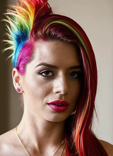 portrait of sks woman by Flora Borsi, style by Flora Borsi, bold, bright colours, rainbow Mohawk haircut, ((Flora Borsi)), <lora:locon_paigejennings_v1_from_v1_64_32:1.25>