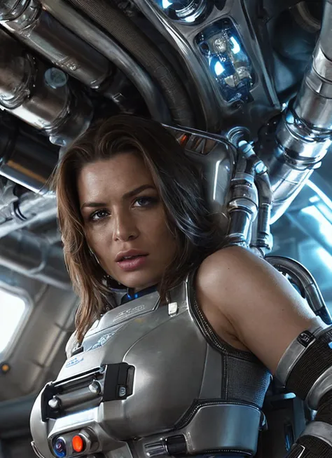 close up photo of sks woman, rugged space trucker, inside industrial spaceship, futuristic science fiction, action scene, digital concept art, realistic, intricate detailed textures, filmic, cinematic, environmental character portrait, <lora:locon_paigejennings_v1_from_v1_64_32:1.25>