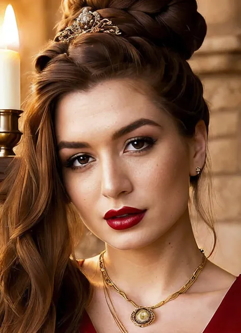 medium portrait close up of a Beautiful sks woman, (messy bun), sitting on a wooden chair, wearing a fancy Victorian era dress, seductively posing, medium breasts, pale skin, dark red lips, dark eye shadow, ornate pendant, sitting in front of a large stone fireplace, candle burning, in a luxurious fantasy castle, side lighting, cinematic, Renaissance style, (Fujifilm XT3:1.1), (high detailed face:1.3), perfect hands, <lora:locon_paigejennings_v1_from_v1_64_32:1.25>
