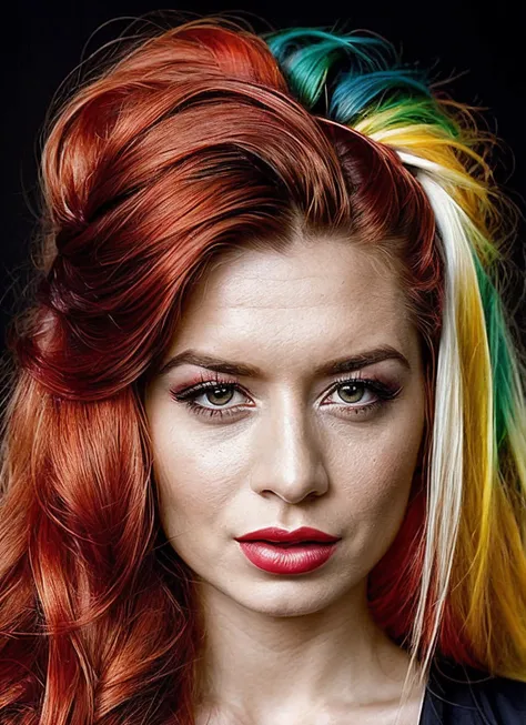portrait of sks woman by Flora Borsi, style by Flora Borsi, bold, bright colours, rainbow Mohawk haircut, ((Flora Borsi)), <lora:locon_paigejennings_v1_from_v1_64_32:1.25>