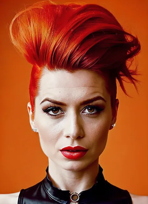 portrait of sks woman by Flora Borsi, style by Flora Borsi, bold, bright colours, orange Mohawk haircut, ((Flora Borsi)), <lora:locon_paigejennings_v1_from_v1_64_32:1.25>