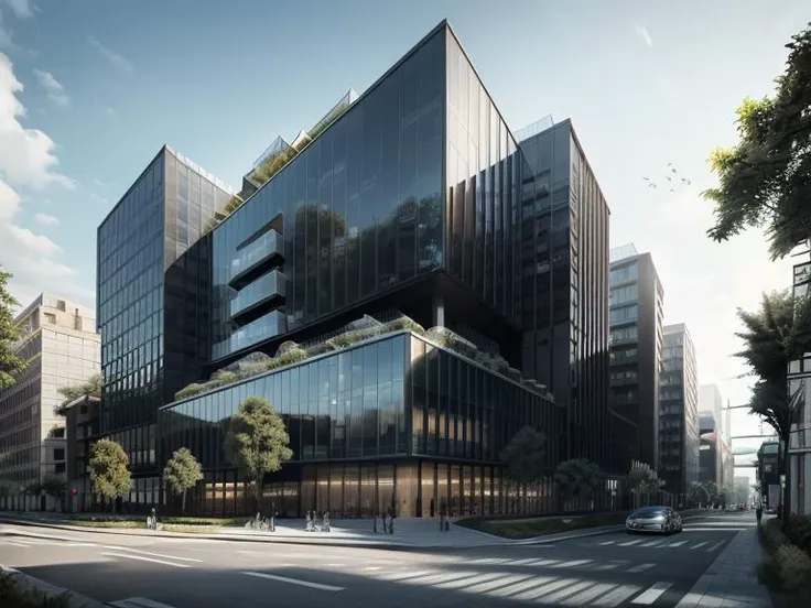 modern architecture, organic forms, street view, nature, green cover, (masterpiece, best quality, ultra high res:1.2) building, dark, dramatic,  <lora:multistory:0.7>