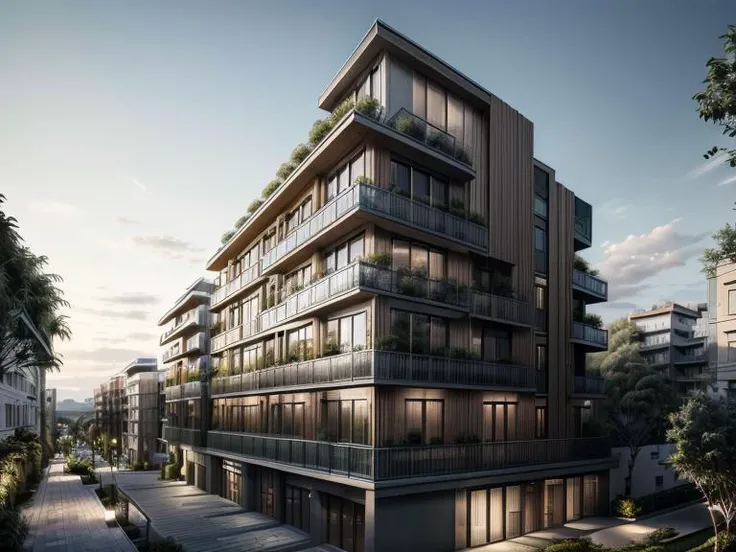 modern architecture, multistory, villa, balcony, street view, overhangs, windows, wood, blending with nature, green cover, evening, photo realistic, (masterpiece, best quality, ultra high res:1.2) building, dramatic, <lora:multistory:0.7> <lora:more_details:0.7>