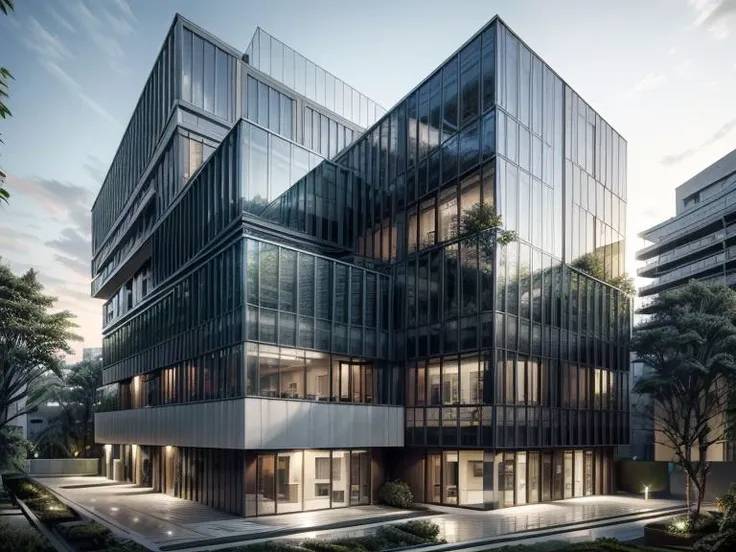 modern architecture, multistory, villa, balcony, street view, overhangs, windows, metal, blending with nature, green cover, evening, photo realistic, (masterpiece, best quality, ultra high res:1.2) building, dramatic, <lora:multistory:0.7> <lora:more_details:0.7>