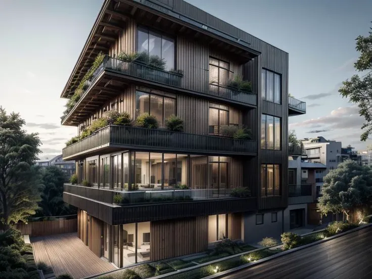 modern architecture, multistory, villa, balcony, street view, overhangs, windows, wood, blending with nature, green cover, evening, photo realistic, (masterpiece, best quality, ultra high res:1.2) building, dramatic, <lora:multistory:0.7> <lora:more_details:0.7>