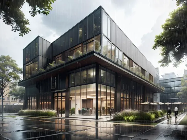 multistory, architecture, outdoor living space, street view, podium, openings in the building facade, nature, green cover, rain, photo realistic, (masterpiece, best quality, ultra high res:1.2) building, dramatic, <lora:multistory:0.7>