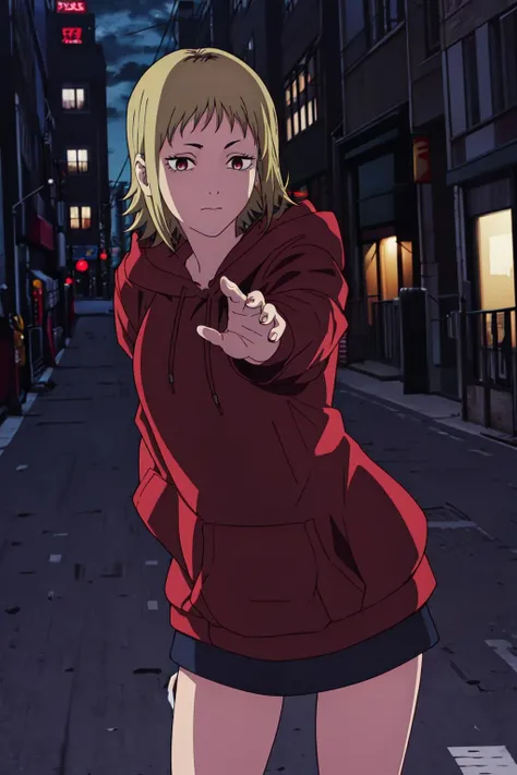 ((best quality)), ((highly detailed)), masterpiece, absurdres, detailed face, beautiful face, (detailed eyes, deep eyes), (1girl), ((dynamic pose)), <lora:akane-20:0.8>Akane, 1girl, solo, hood, blonde hair,  short hair, city background, hoodie, closed mouth, shadow, red eyes, nighttime, city lights, hood down, brown hair,  full body,((cowboy shot))