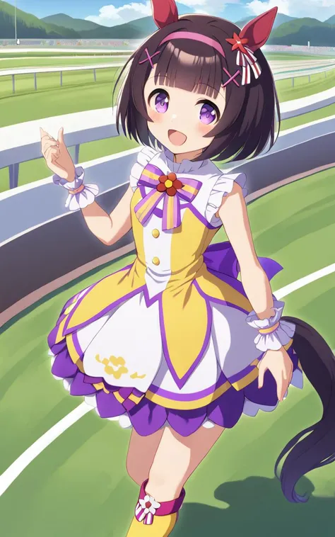1girl, NishinoFlower, <lora:sdxl-um-nishino:0.6> petite horse girl, purple eyes, horse ears, horse tail, black hair, short hair, blunt bangs, x hair ornament, pink hairband, flat chest, skindentation +++ sleeveless yellow dress, multicolored dress, purple dress, white dress, wrist cuffs, purple back bow, bridal garter, yellow footwear, high heel boots, turf, race track , :D