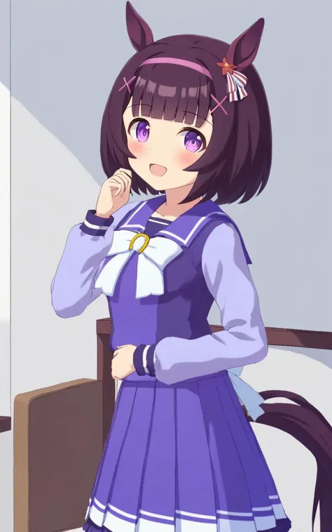 1girl, NishinoFlower, <lora:sdxl-um-nishino:0.6> petite horse girl, purple eyes, horse ears, horse tail, black hair, short hair, blunt bangs, x hair ornament, pink hairband, flat chest, skindentation +++ <lora:_sdxl-um-trauniform:0.7> trawinuni, winter tracen_school_uniform, purpleblue sailor collar, purpleblue skirt, darkblue thighhighs, white_bowtie, skyblue_long sleeve blouse, white back bowtie, school , :D