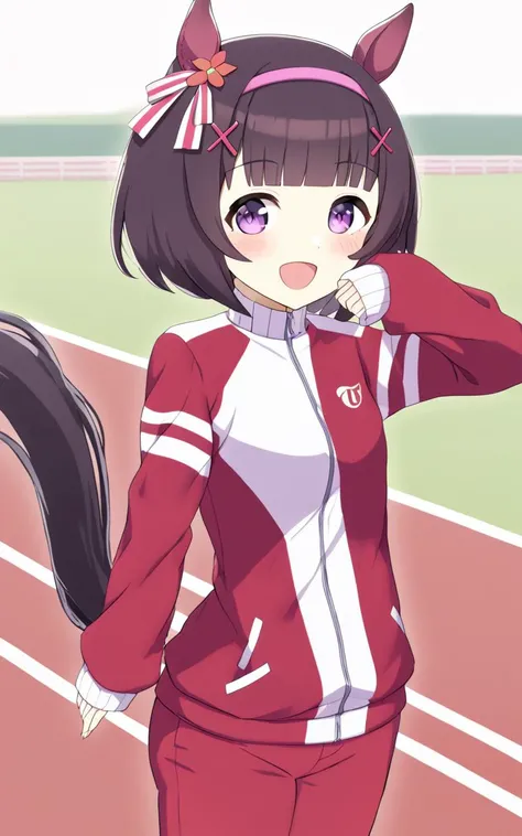 1girl, NishinoFlower, <lora:sdxl-um-nishino:0.6> petite horse girl, purple eyes, horse ears, horse tail, black hair, short hair, blunt bangs, x hair ornament, pink hairband, flat chest, skindentation +++ <lora:_sdxl-um-tracenjersey:0.6>, loose red jacket, sleeves past wrists, tracenJerseyPants, red long pants, track  , :D