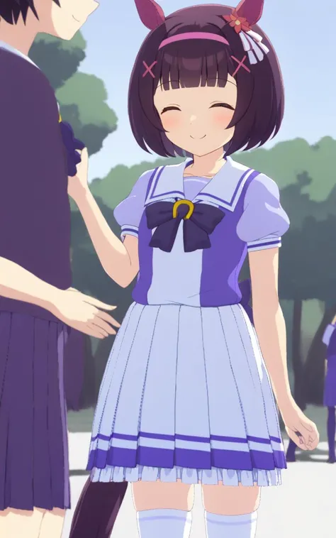 1girl, NishinoFlower, <lora:sdxl-um-nishino:0.6> petite horse girl, purple eyes, horse ears, horse tail, black hair, short hair, blunt bangs, x hair ornament, pink hairband, flat chest, skindentation +++ <lora:_sdxl-um-trauniform:0.8> trasumuni, summer tracen_school_uniform, white sailor collar, white skirt, white thighhighs, darkblue_bowtie, skyblue short sleeve blouse, darkblue back bowtie, school  , closed eyes, smile ,