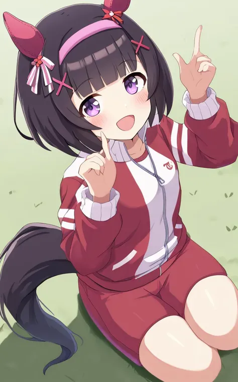 1girl, NishinoFlower, <lora:sdxl-um-nishino:0.6> petite horse girl, purple eyes, horse ears, horse tail, black hair, short hair, blunt bangs, x hair ornament, pink hairband, flat chest, skindentation +++ <lora:_sdxl-um-tracenjersey:0.6> red track jacket, unzipped , tracenJerseyPants, red long pants , ground track , :D ,