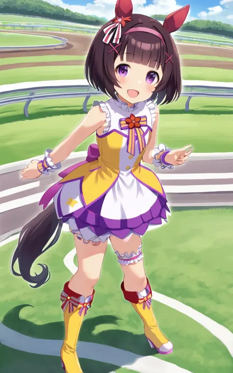 1girl, NishinoFlower, <lora:sdxl-um-nishino:0.6> petite horse girl, purple eyes, horse ears, horse tail, black hair, short hair, blunt bangs, x hair ornament, pink hairband, flat chest, skindentation +++ sleeveless yellow dress, multicolored dress, purple dress, white dress, wrist cuffs, bridal garter, yellow footwear, high heel boots, turf, race track , :D