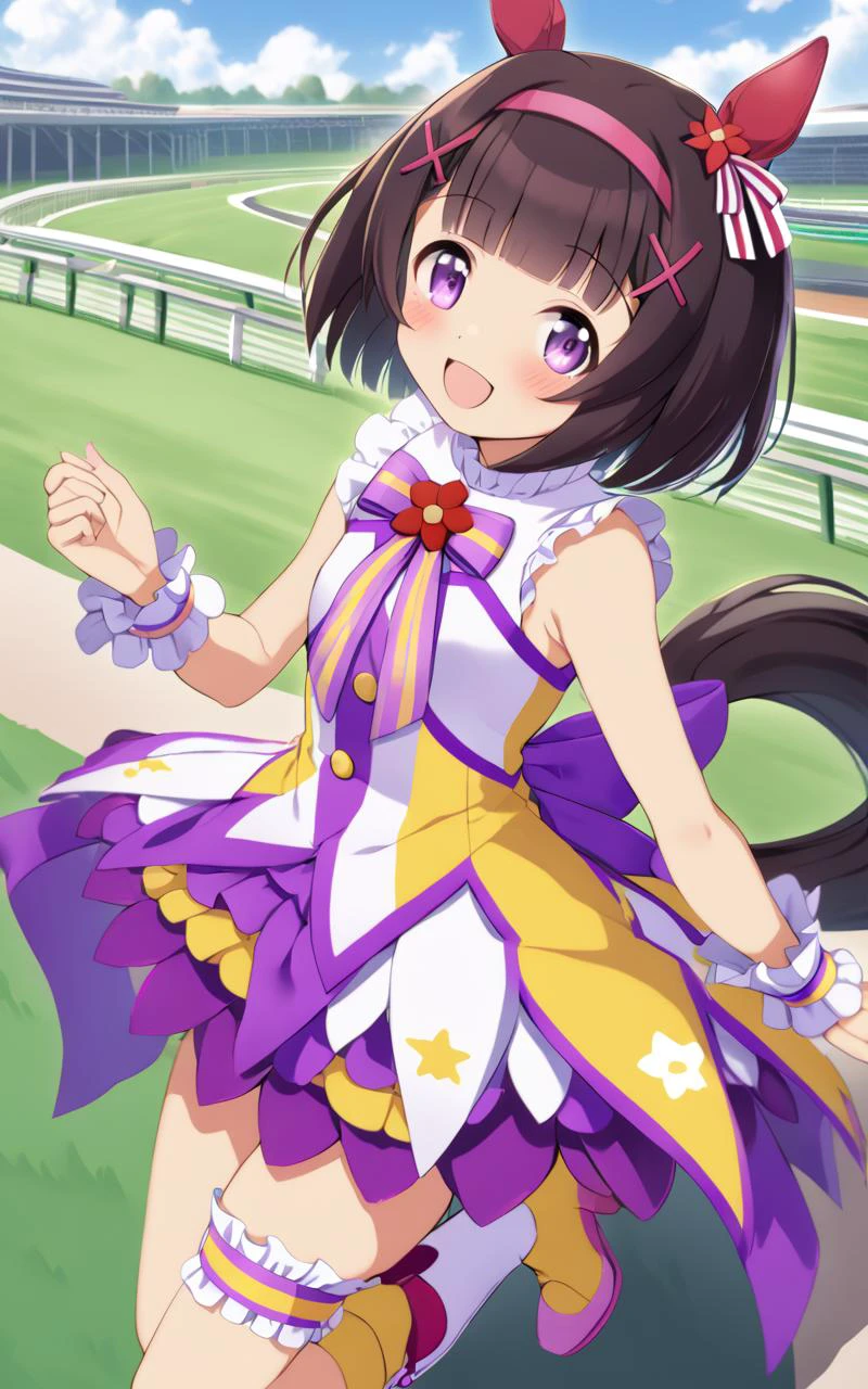 1girl, NishinoFlower, <lora:sdxl-um-nishino:0.6> petite horse girl, purple eyes, horse ears, horse tail, black hair, short hair, blunt bangs, x hair ornament, pink hairband, flat chest, skindentation +++ sleeveless yellow dress, multicolored dress, purple dress, white dress, wrist cuffs, purple back bow, bridal garter, yellow footwear, high heel boots, turf, race track , happy ,
