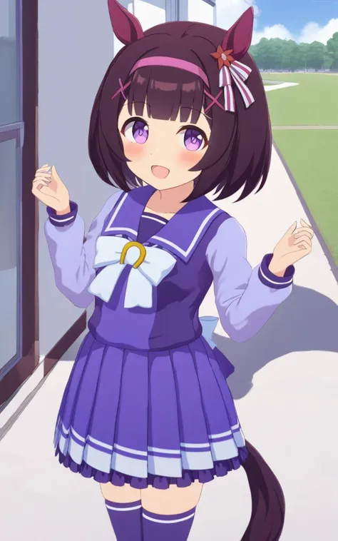 1girl, NishinoFlower, <lora:sdxl-um-nishino:0.6> petite horse girl, purple eyes, horse ears, horse tail, black hair, short hair, blunt bangs, x hair ornament, pink hairband, flat chest, skindentation +++ <lora:_sdxl-um-trauniform:0.8> trawinuni, winter tracen_school_uniform, purpleblue sailor collar, purpleblue skirt, darkblue thighhighs, white_bowtie, skyblue_long sleeve blouse, white back bowtie, school , :D
