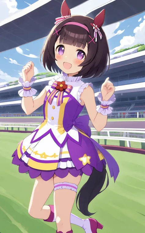 1girl, NishinoFlower, <lora:sdxl-um-nishino:0.6> petite horse girl, purple eyes, horse ears, horse tail, black hair, short hair, blunt bangs, x hair ornament, pink hairband, flat chest, skindentation +++ sleeveless yellow dress, multicolored dress, purple dress, white dress, wrist cuffs, purple back bow, bridal garter, yellow footwear, high heel boots, turf, race track , Jubilant