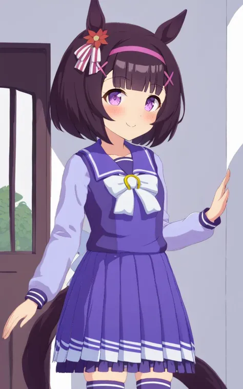 1girl, NishinoFlower, <lora:sdxl-um-nishino:0.6> petite horse girl, purple eyes, horse ears, horse tail, black hair, short hair, blunt bangs, x hair ornament, pink hairband, flat chest, skindentation +++ <lora:_sdxl-um-trauniform:0.8> trawinuni, winter tracen_school_uniform, purpleblue sailor collar, purpleblue skirt, darkblue thighhighs, white_bowtie, skyblue_long sleeve blouse, white back bowtie, school , :> ,