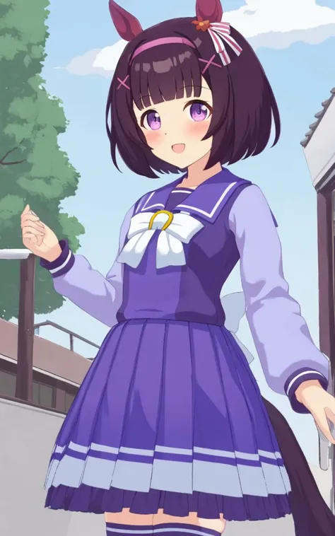1girl, NishinoFlower, <lora:sdxl-um-nishino:0.6> petite horse girl, purple eyes, horse ears, horse tail, black hair, short hair, blunt bangs, x hair ornament, pink hairband, flat chest, skindentation +++ <lora:_sdxl-um-trauniform:0.7> trawinuni, winter tracen_school_uniform, purpleblue sailor collar, purpleblue skirt, darkblue thighhighs, white_bowtie, skyblue_long sleeve blouse, white back bowtie, school , :D