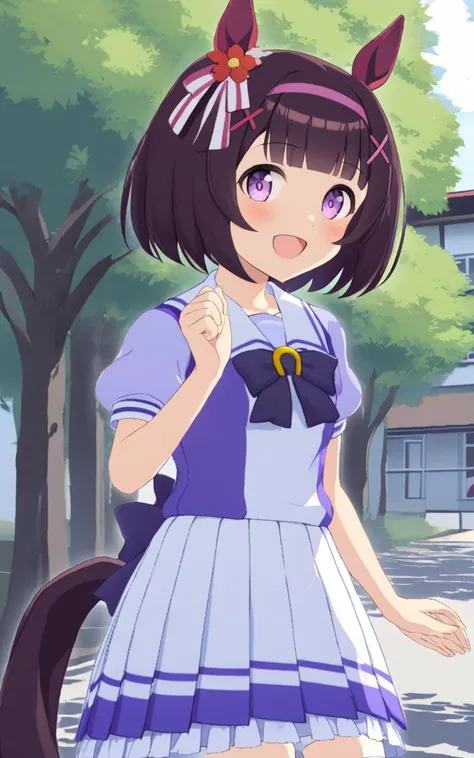 1girl, NishinoFlower, <lora:sdxl-um-nishino:0.6> petite horse girl, purple eyes, horse ears, horse tail, black hair, short hair, blunt bangs, x hair ornament, pink hairband, flat chest, skindentation +++ <lora:_sdxl-um-trauniform:0.8> trasumuni, summer tracen_school_uniform, white sailor collar, white skirt, white thighhighs, darkblue_bowtie, skyblue short sleeve blouse, darkblue back bowtie, school , :D