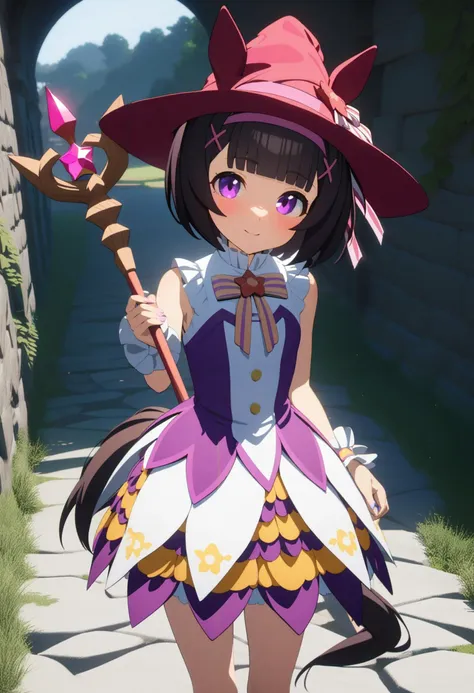 1girl,  solo, NishinoFlower, horse girl, purple eyes, horse ears, horse tail, black hair, short hair, blunt bangs, x hair ornament, pink hairband, flat chest,succubus bat wings daemon tail daemon horns stocking, garter straps, Lace,smile,reaching,Pagoda,toward the buttocks,
<lora:sdxl-um-nishino:0.8>, masterpiece, best quality, very aesthetic, absurdres, highly detailed,Perfect features,Ray Tracing,newest,<lora:neg4all_bdsqlsz_xl_V7:1>,