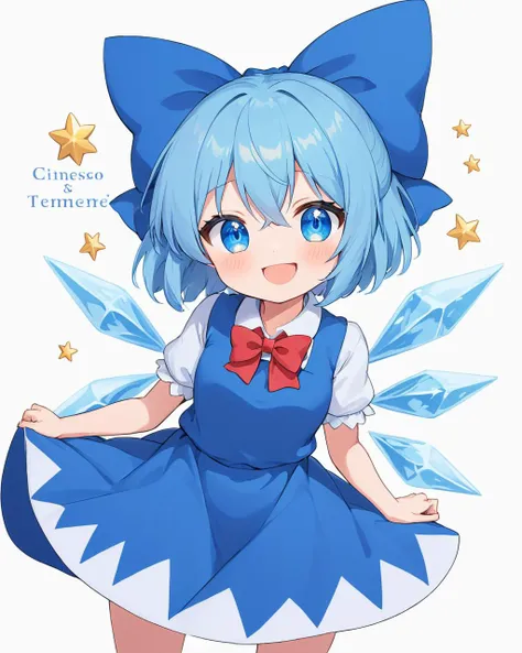 cirno,1girl, v, solo, ice_wings, blue_bow, hair_bow, open_mouth, smile, white_background, blue_dress, english_text, simple_background, blush, ^_^, bowtie
<lora:cirno_image8906_2023-12-11-000005:1>,star-shaped_pupils,symbol-shaped_pupils,. gorgeous,key visual, vibrant, studio anime,award-winning, professional, highly detailed,high budget, cinemascope