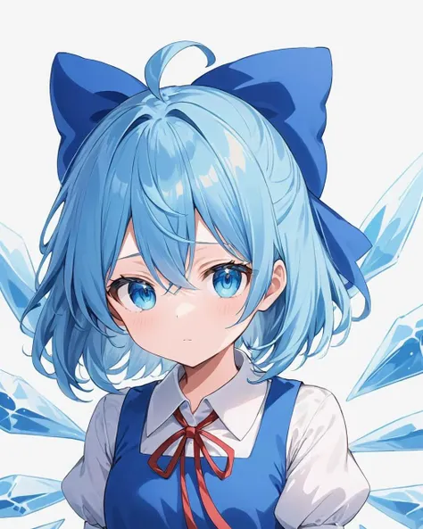 cirno,1girl, solo, white_background, simple_background, ice_wings, upper_body, blue_bow, hair_bow, looking_at_viewer, blue_dress, ahoge, closed_mouth, white_shirt, red_ribbon, puffy_short_sleeves, collared_shirt, neck_ribbon
<lora:cirno_image8906_2023-12-11-000005:1>,star-shaped_pupils,symbol-shaped_pupils,. gorgeous,key visual, vibrant, studio anime,award-winning, professional, highly detailed,high budget, cinemascope