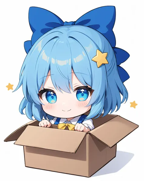 cirno,1girl, solo, smile, hair_bow, blue_bow, cardboard_box, chibi, in_box, closed_mouth, white_background, blush_stickers, simple_background
<lora:cirno_image8906_2023-12-11-000005:1>,star-shaped_pupils,symbol-shaped_pupils,. gorgeous,key visual, vibrant, studio anime,award-winning, professional, highly detailed,high budget, cinemascope